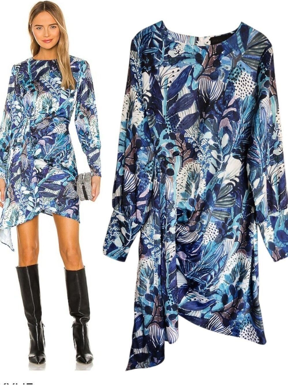 KENDALL + KYLIE ASYMMETIC DRAPE OVERLAY JUNGLE FLORAL BLUE DRESS SIZE 4/6